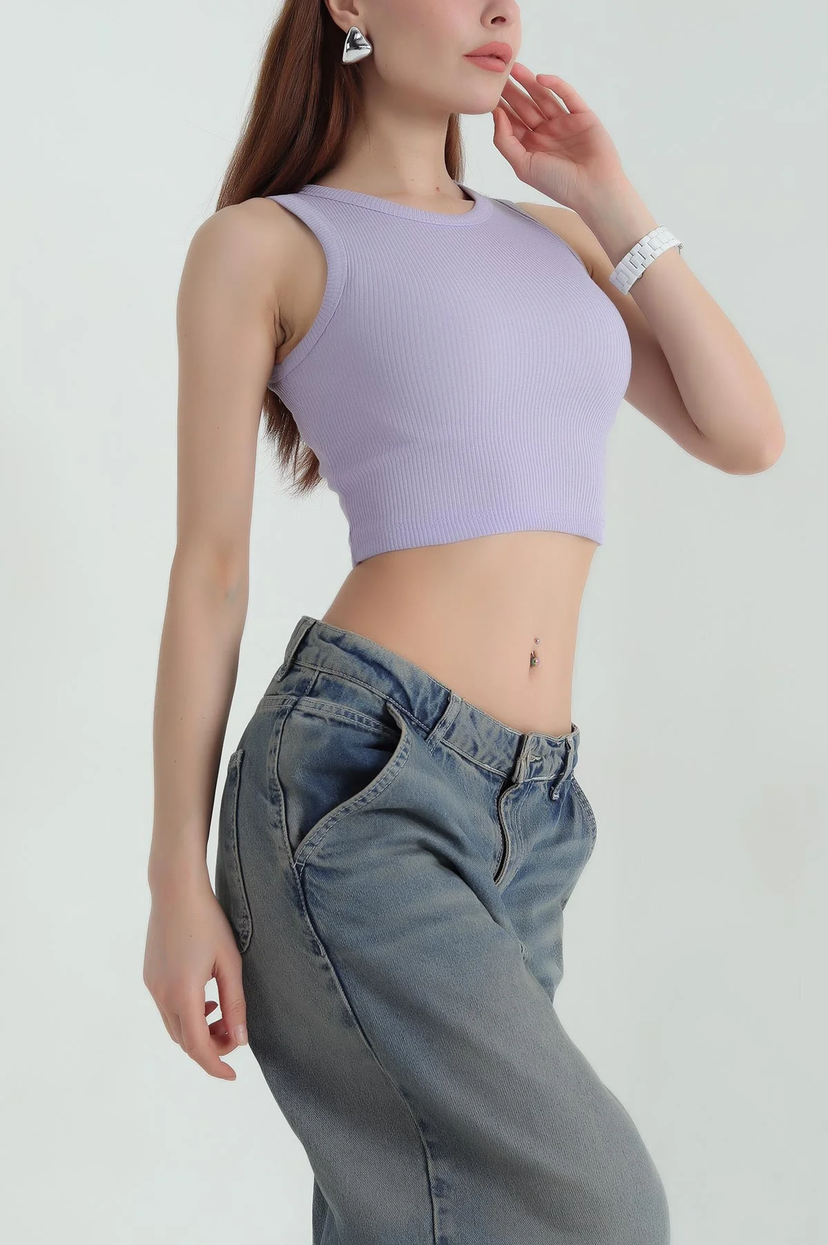 Lila Bisiklet Yaka Kadın Crop Atlet 364676