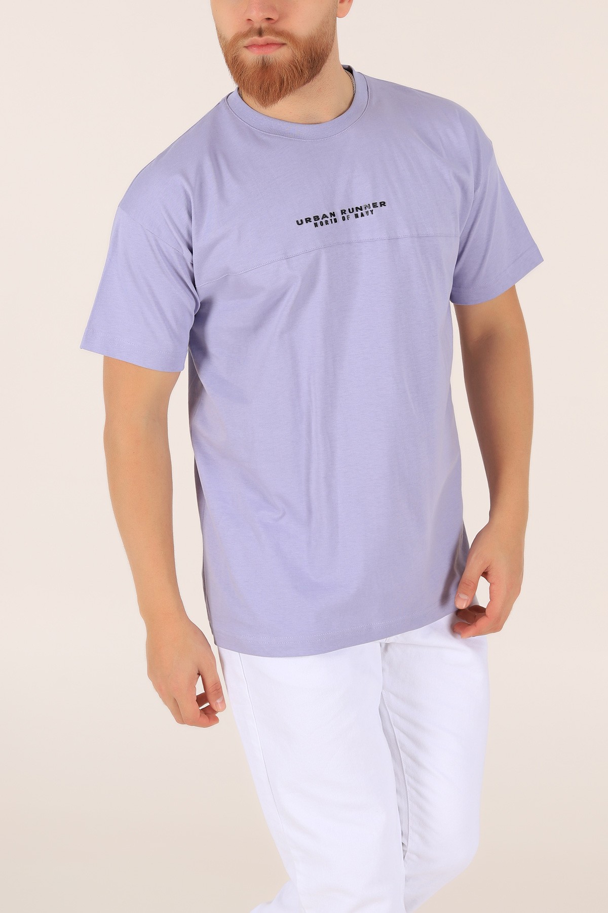 Lila Bisiklet Yaka Oversize Erkek Tişört 163271