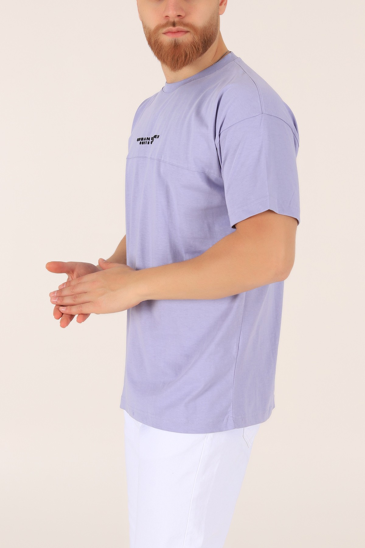 Lila Bisiklet Yaka Oversize Erkek Tişört 163271