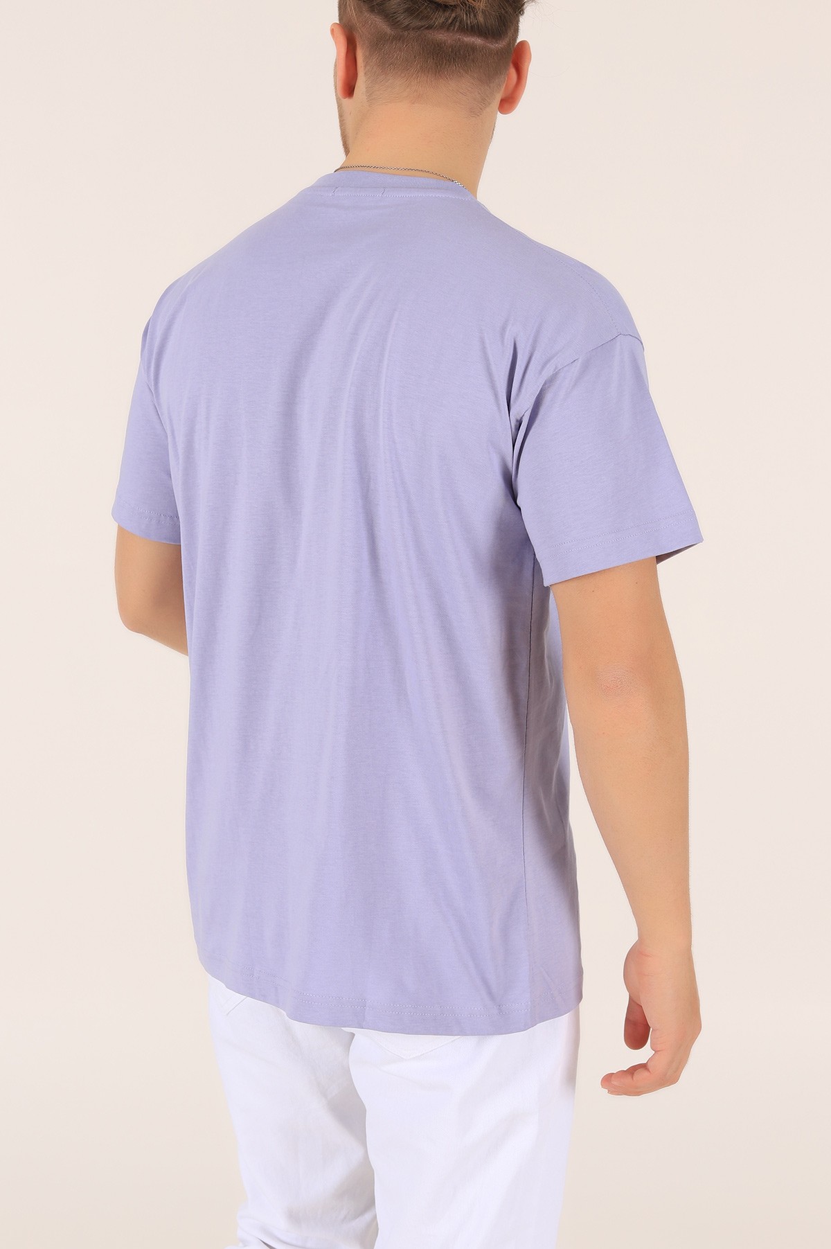 Lila Bisiklet Yaka Oversize Erkek Tişört 163271