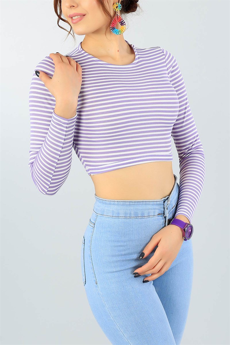 Lila Çizgili Bayan Likralı Crop Bluz 44498