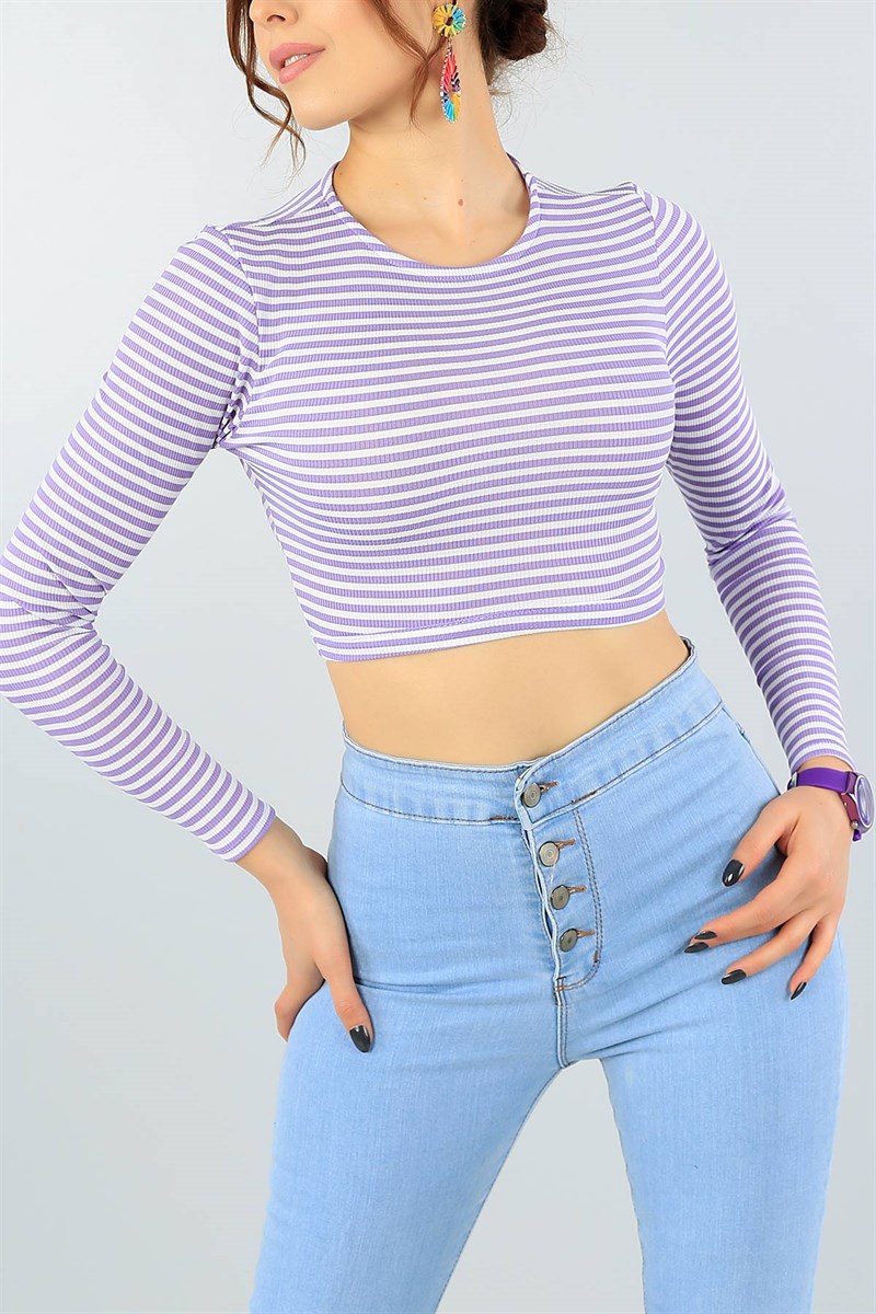 Lila Çizgili Bayan Likralı Crop Bluz 44498
