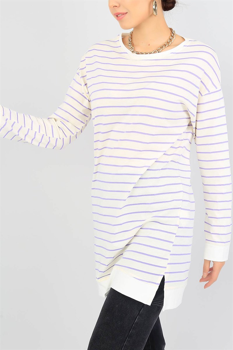 Lila Çizgili Likralı Tunik 38018