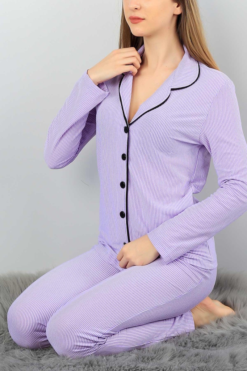 Lila Çizgili Tasarım Bayan Pijama Takımı 58095