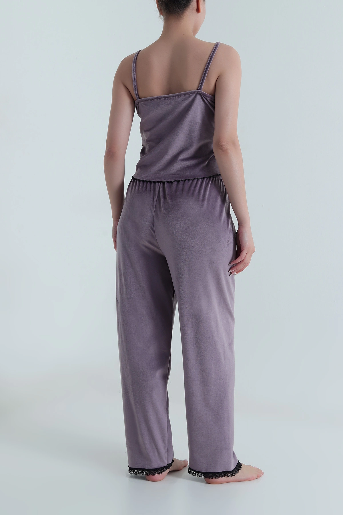 Lila Dantelli Kadife Kadın Pijama Takımı 487759