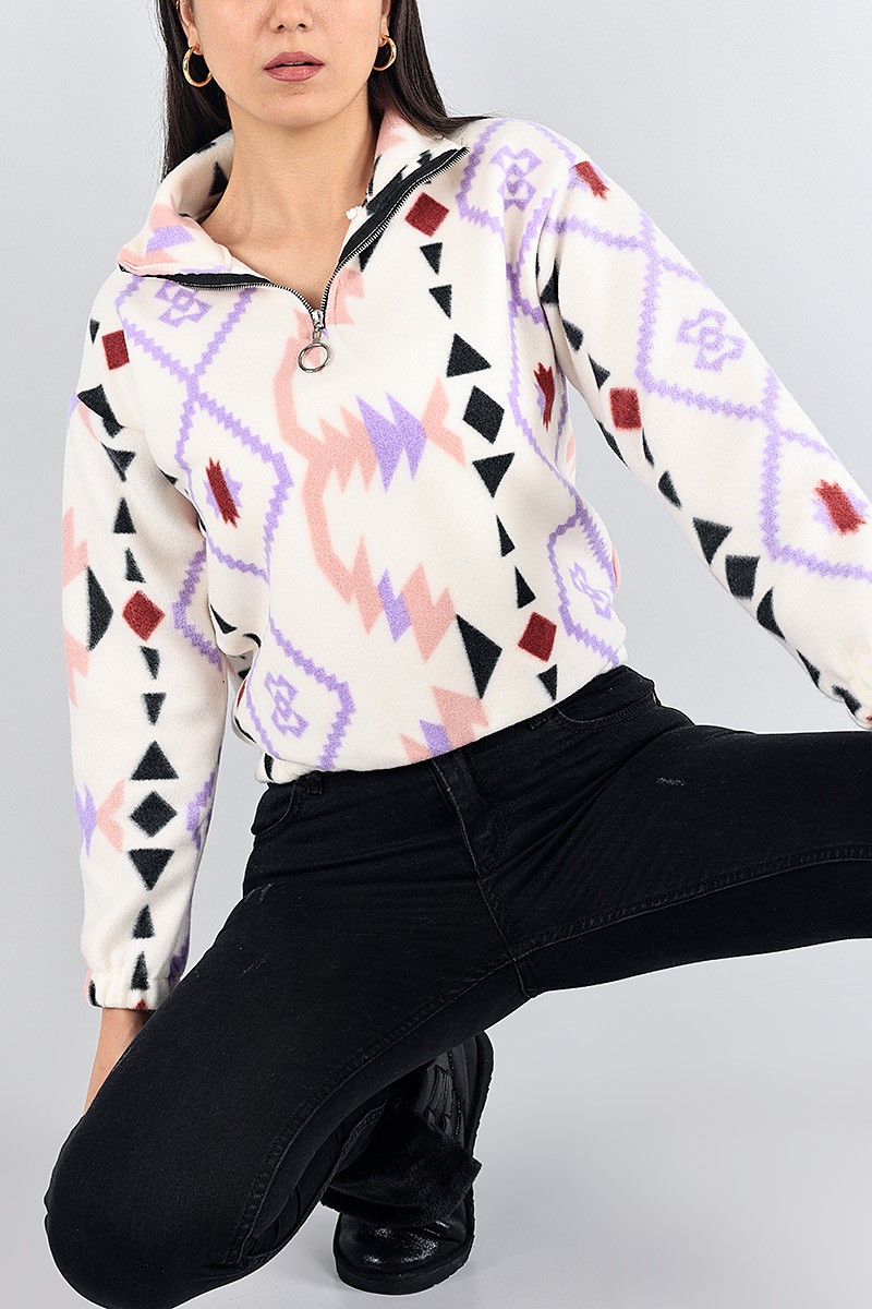 Lila Desenli Bayan Polar Sweat 87687