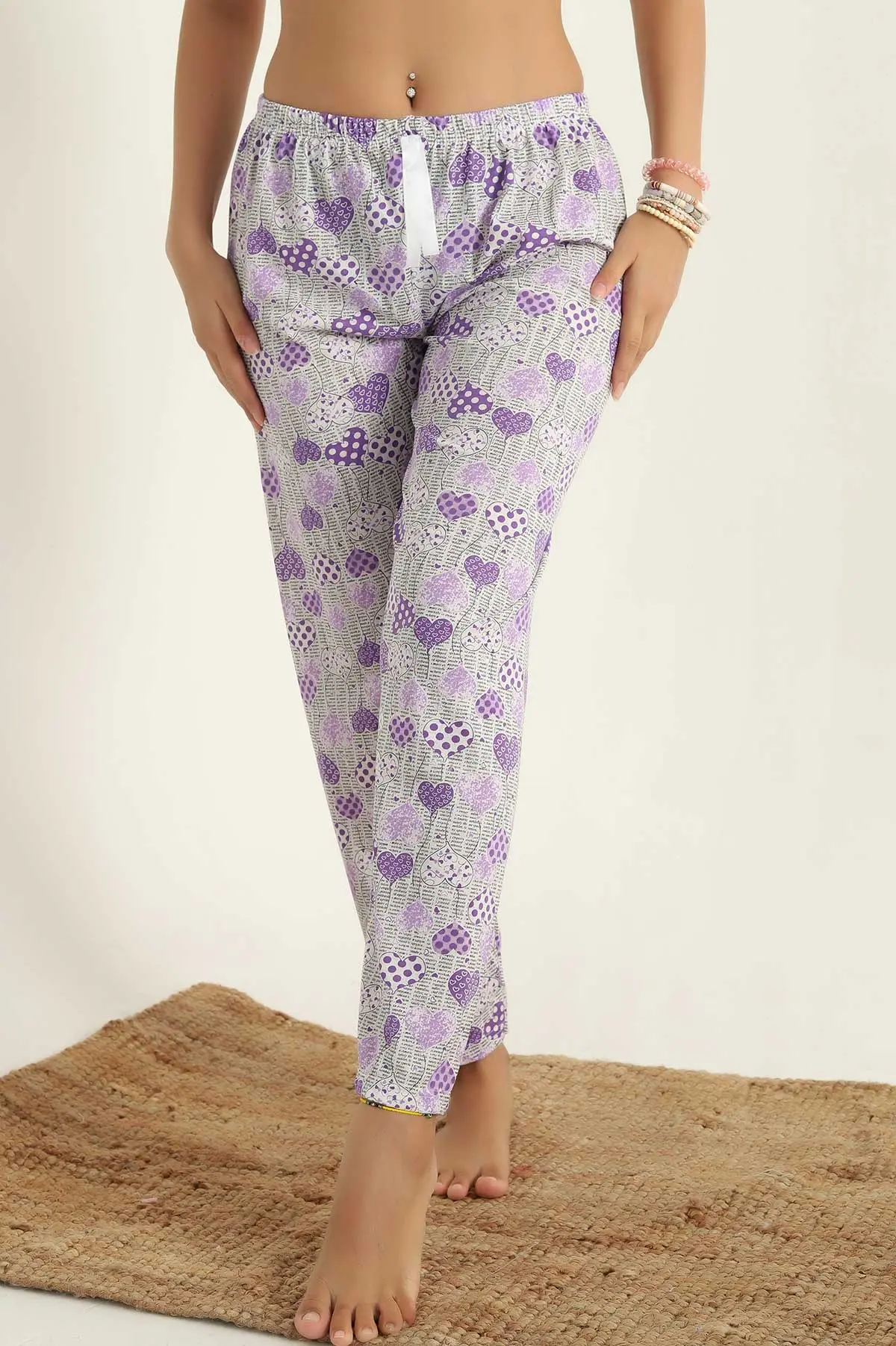 Lila Desenli Beli Lastikli Pijama Altı 290465