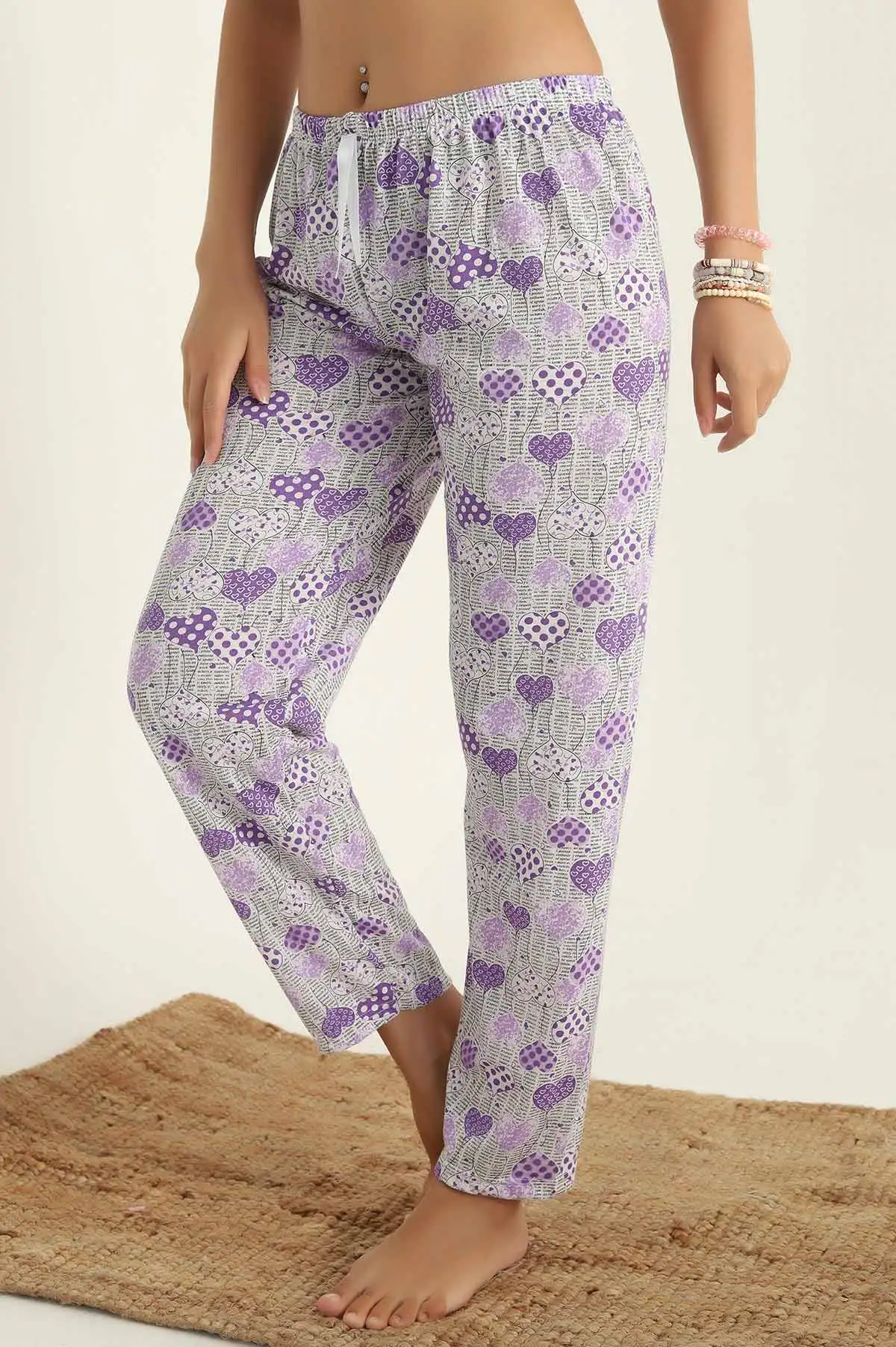 Lila Desenli Beli Lastikli Pijama Altı 290465