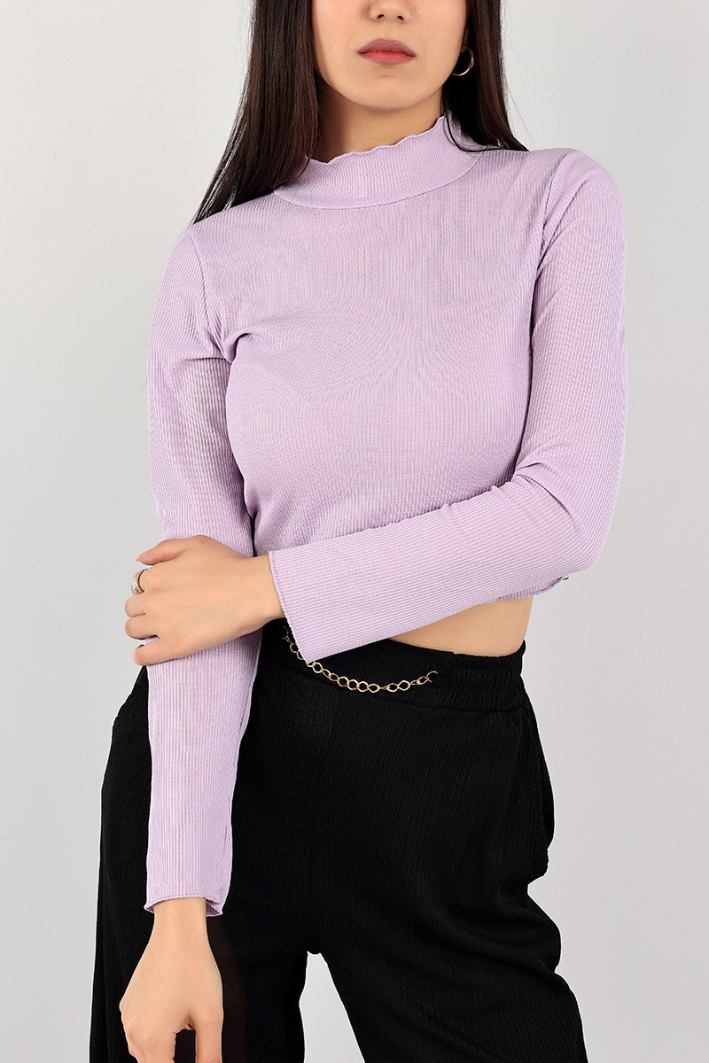 Lila Dik Yaka Crop Bluz 107349