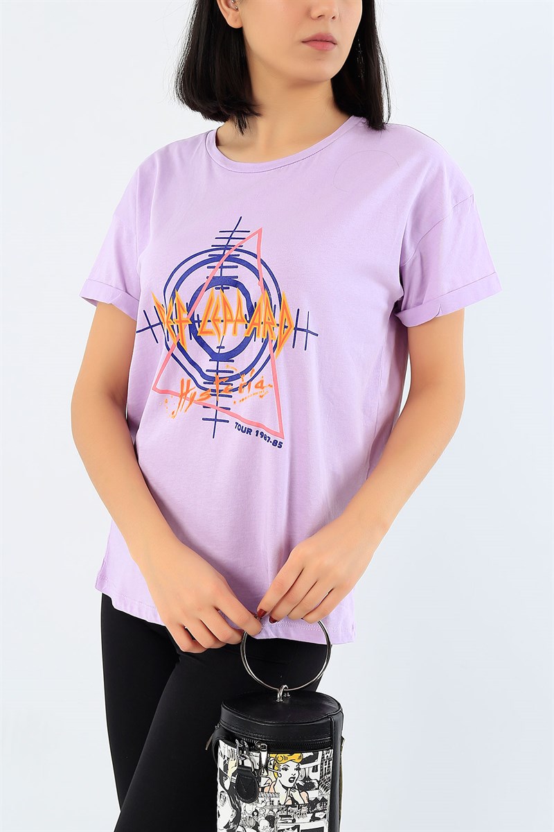 Lila Duble Kol Baskılı Tişört 29272B