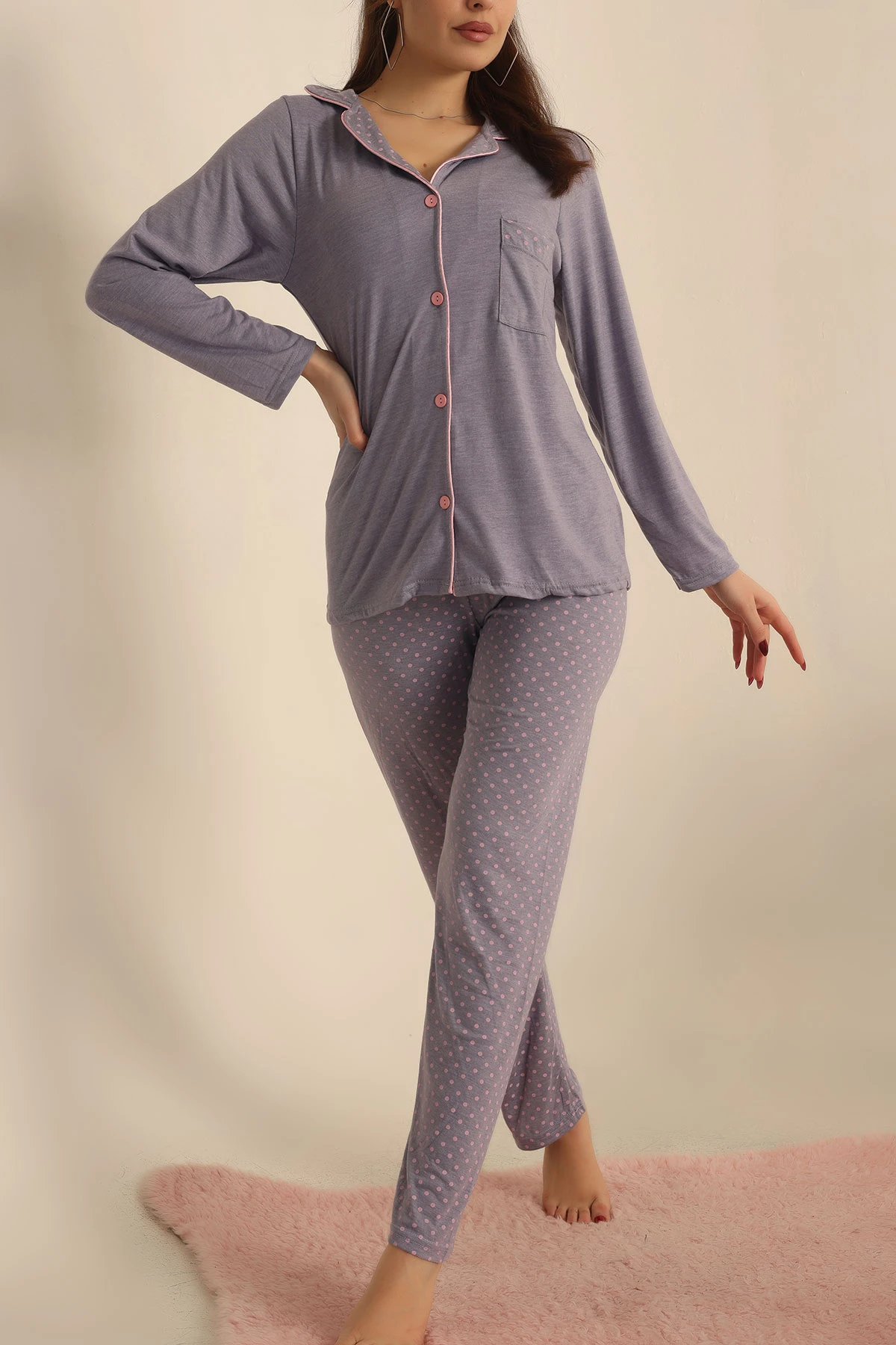 Lila Düğmeli Bayan Pijama Takımı 233333