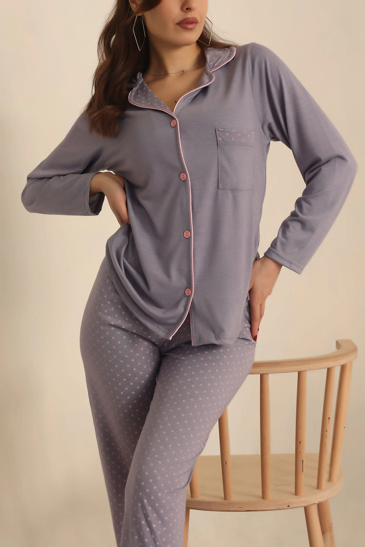Lila Düğmeli Bayan Pijama Takımı 233333