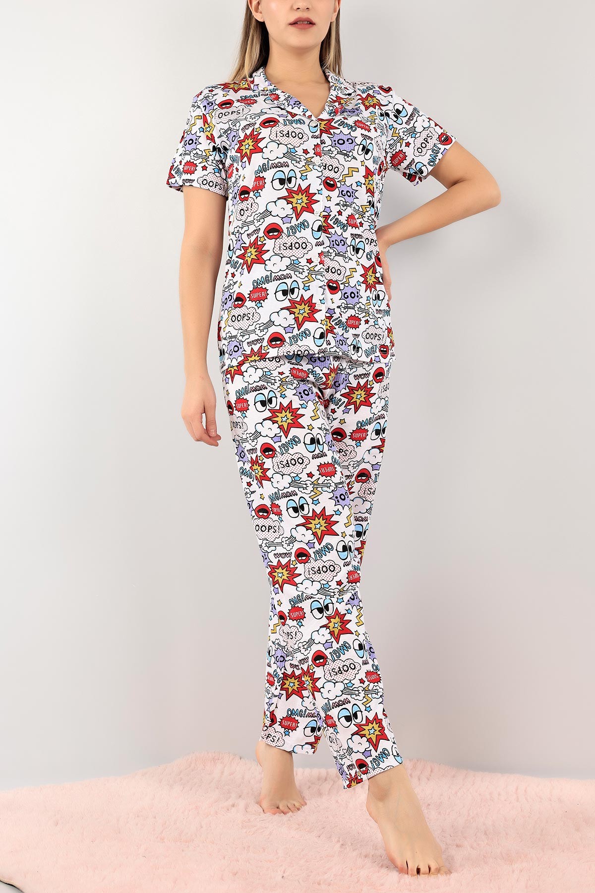 Lila Düğmeli Desenli Bayan Pijama Takımı 110200