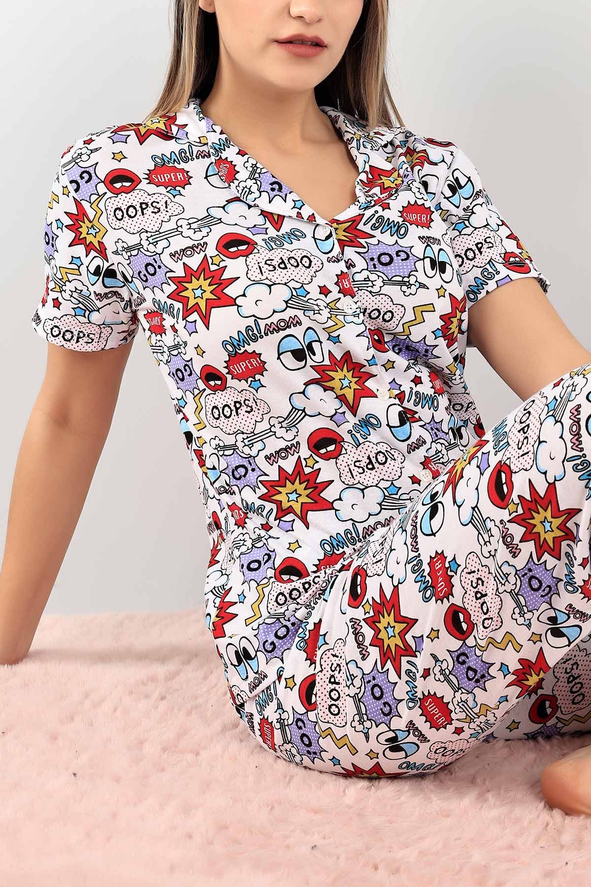Lila Düğmeli Desenli Bayan Pijama Takımı 110200