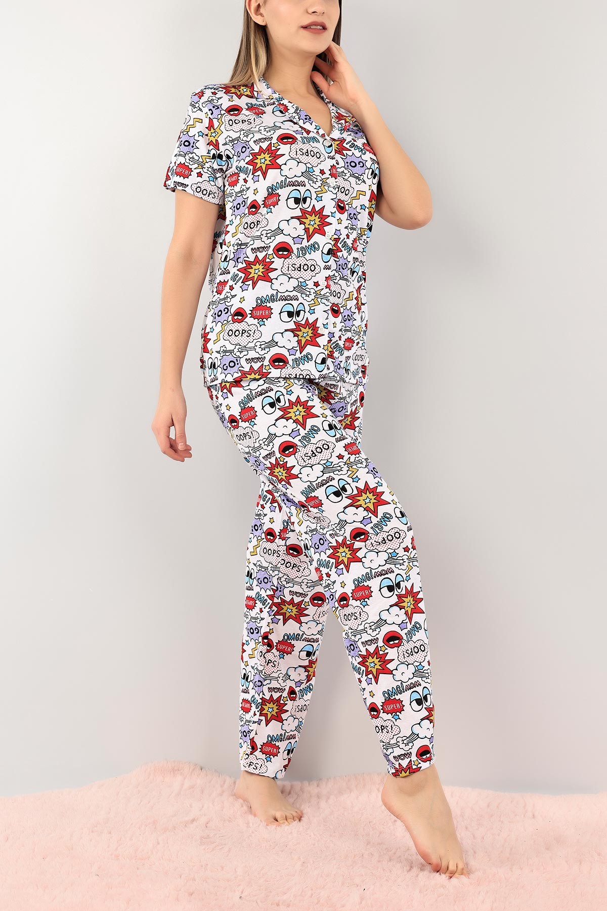 Lila Düğmeli Desenli Bayan Pijama Takımı 110200