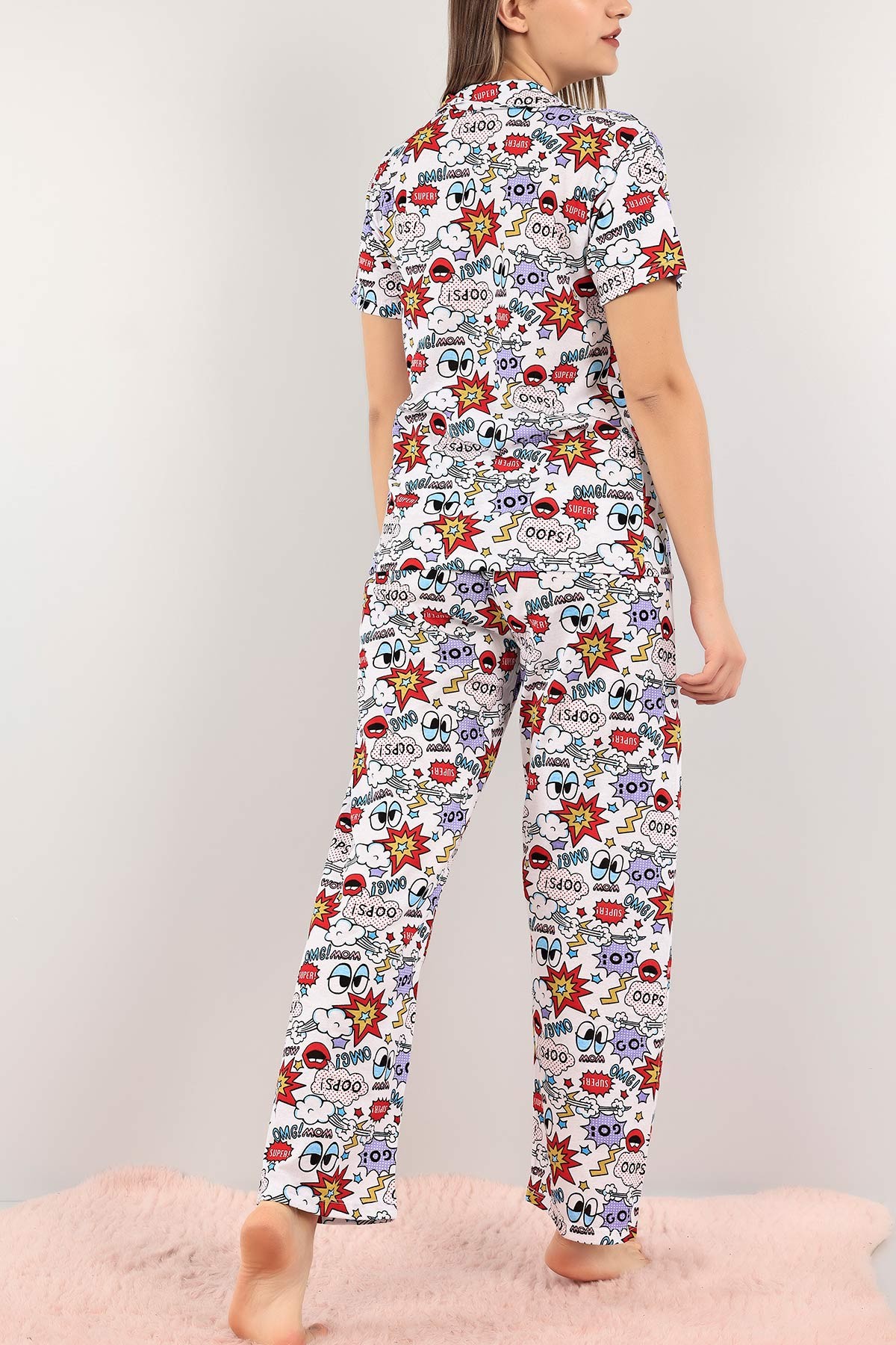 Lila Düğmeli Desenli Bayan Pijama Takımı 110200