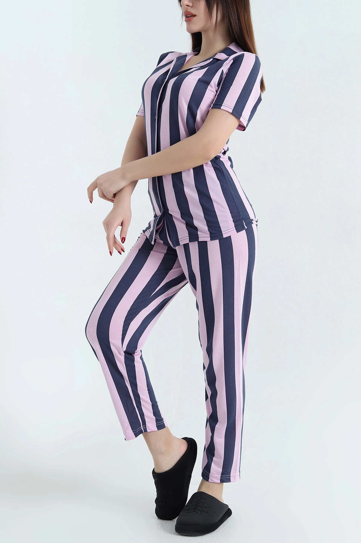 Lila Düğmeli Viskon Bayan Pijama Takımı 338280