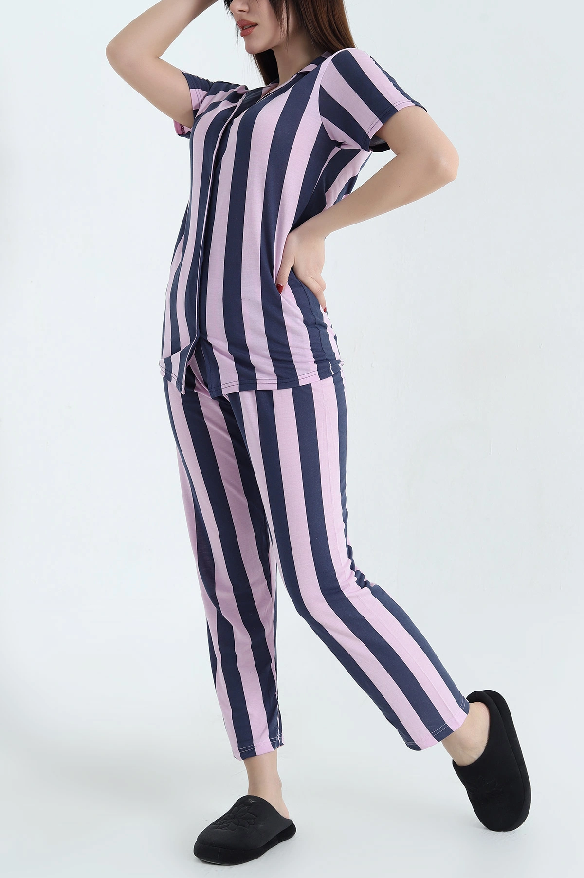 Lila Düğmeli Viskon Bayan Pijama Takımı 338280