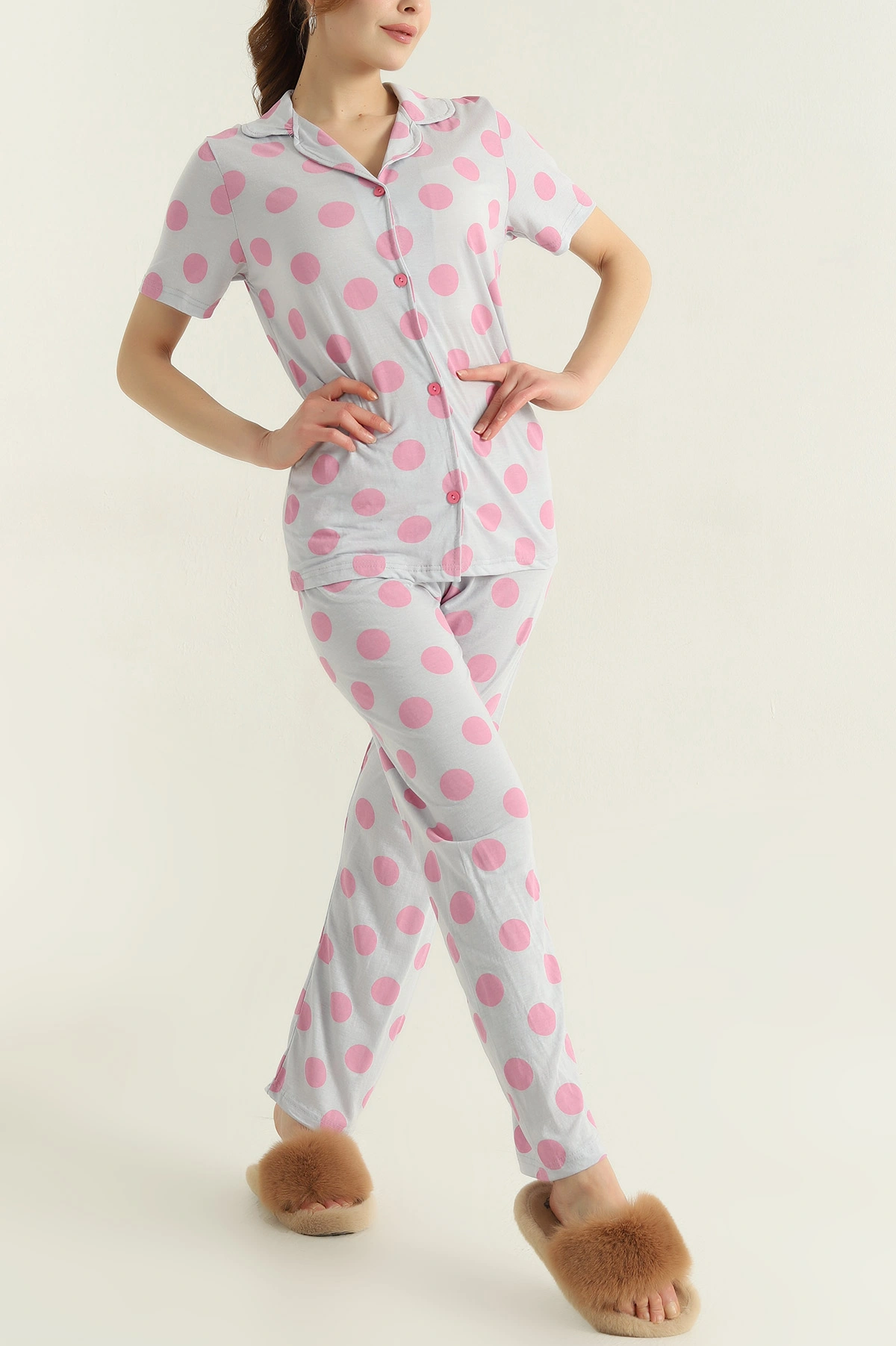 Lila Düğmeli Viskon Kadın Pijama Takımı 347356