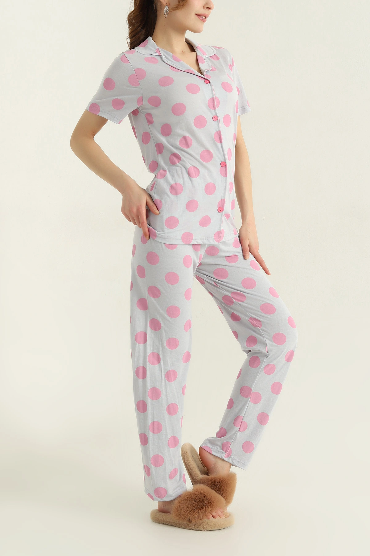 Lila Düğmeli Viskon Kadın Pijama Takımı 347356