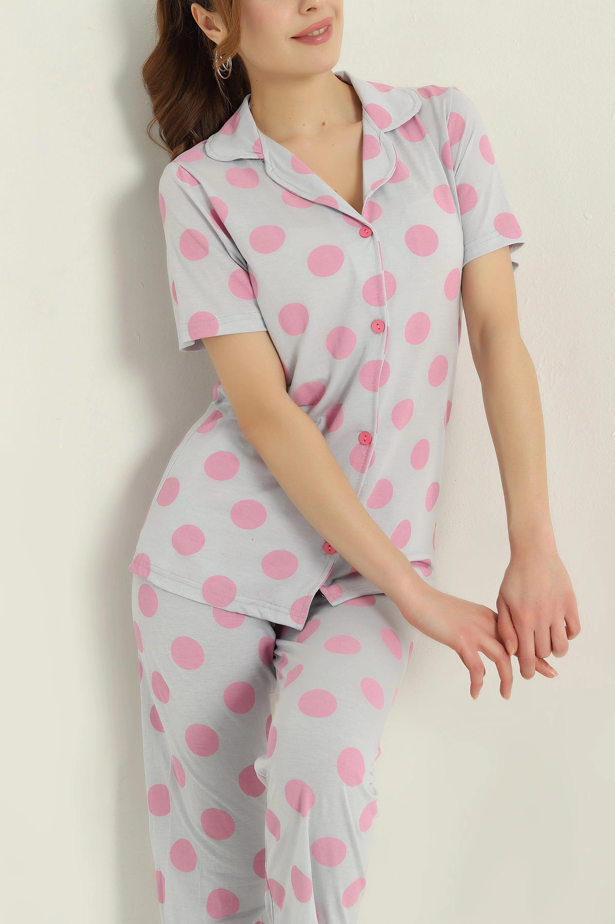 Lila Düğmeli Viskon Kadın Pijama Takımı 347356