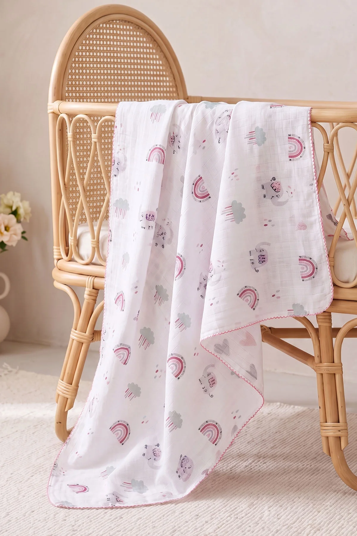 Lila Ekru (80*90 cm)   Kenarı Oyalı Tek Kat  Karışık Desen Müslin  Bebek Battaniye 477510