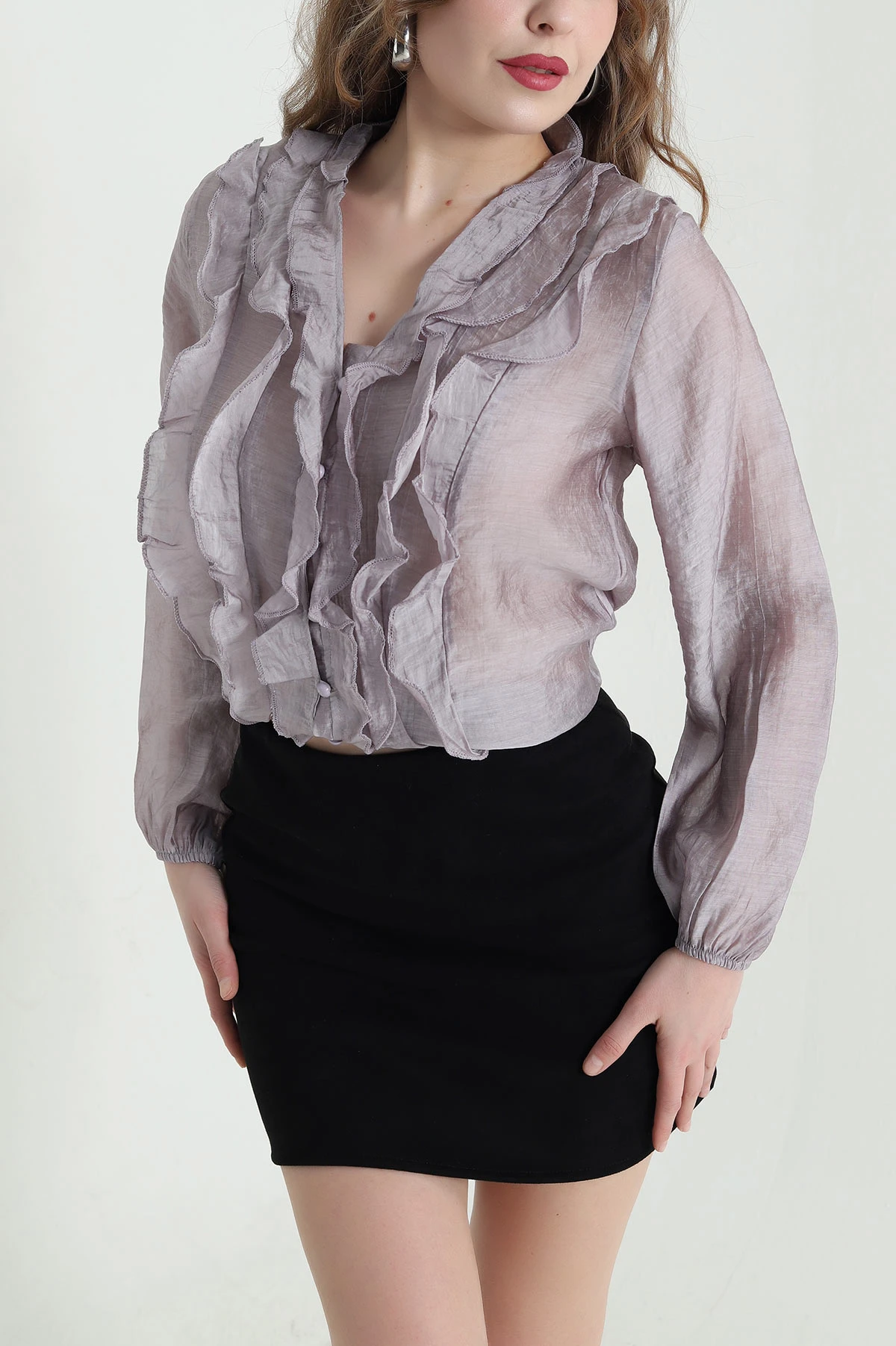 Lila Fırfırlı Tencel Kadın Gömlek 447698