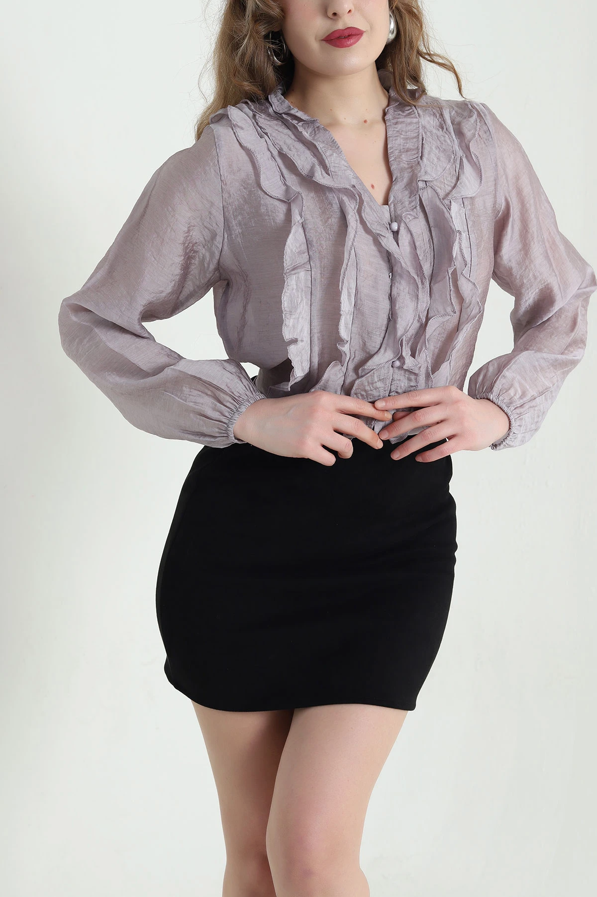 Lila Fırfırlı Tencel Kadın Gömlek 447698