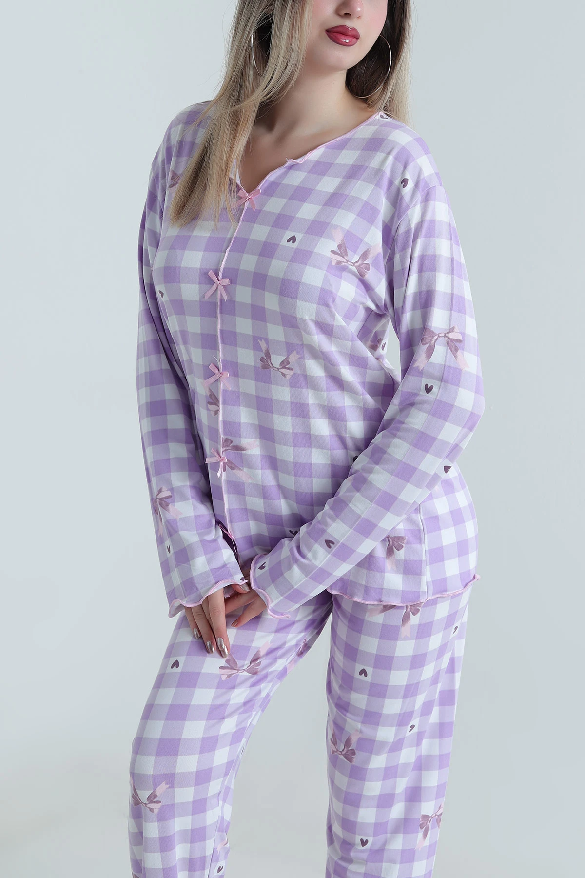 Lila Fiyonklu Soft Süet Kadın Pijama Takımı 488907