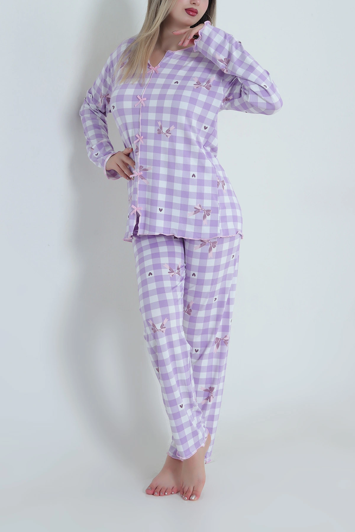 Lila Fiyonklu Soft Süet Kadın Pijama Takımı 488907