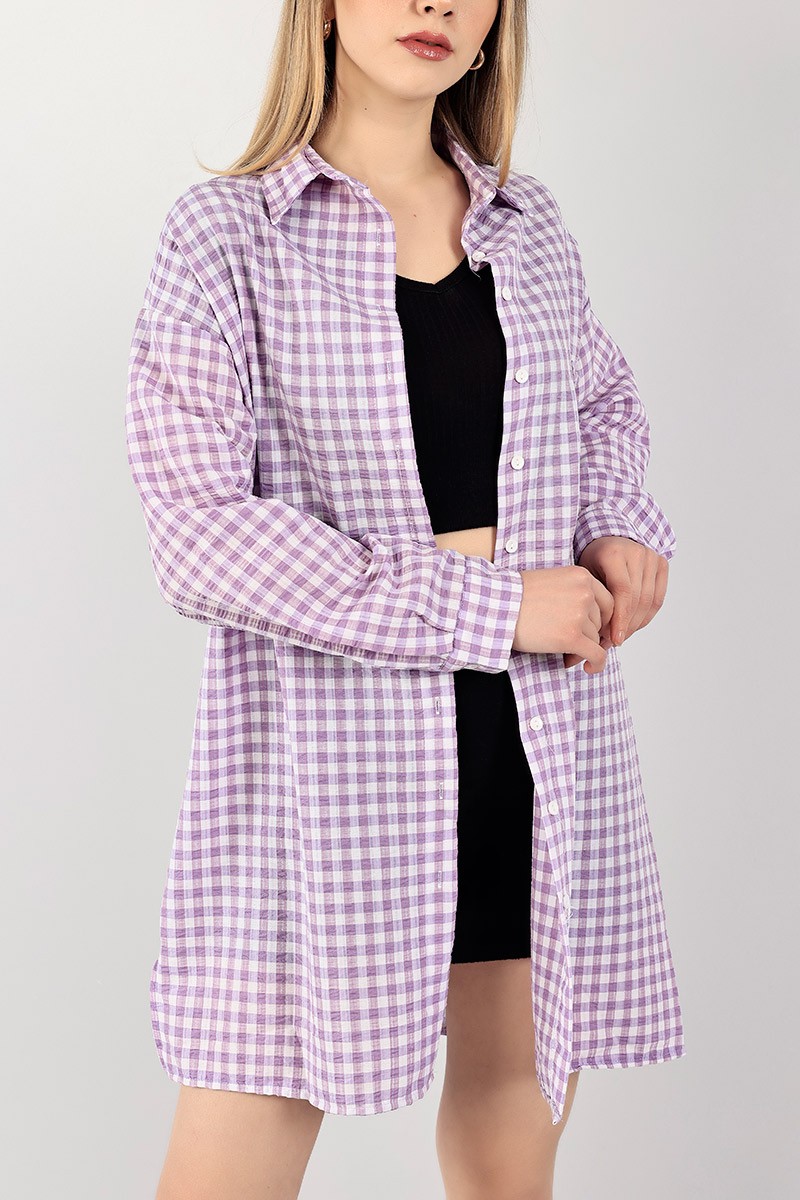 Lila Gofre Kumaş Pötikare Tunik 101649
