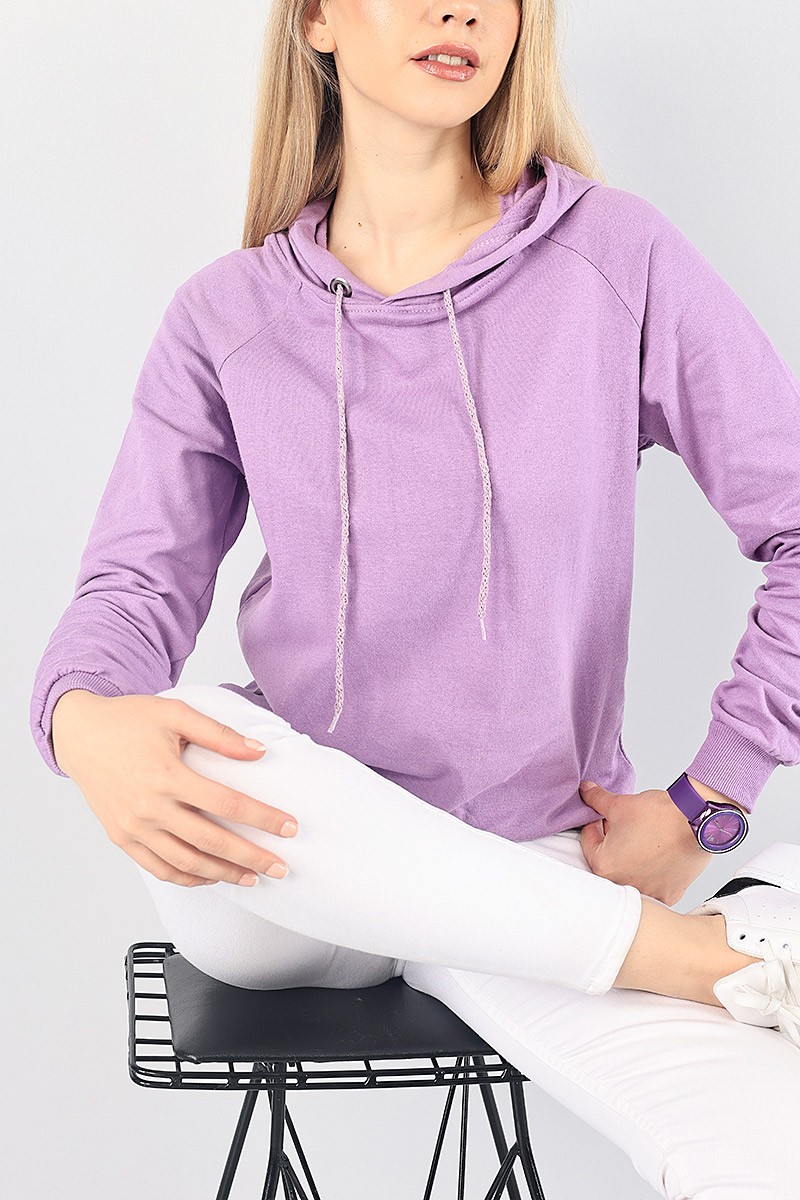 Lila İçi Şardonlu Kapüşonlu Bayan Sweat 87748