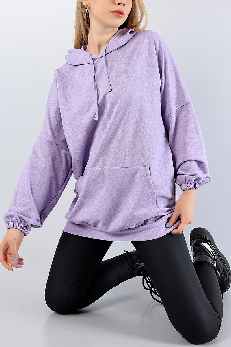Lila Kapüşonlu Cepli Sweat Tunik 78984