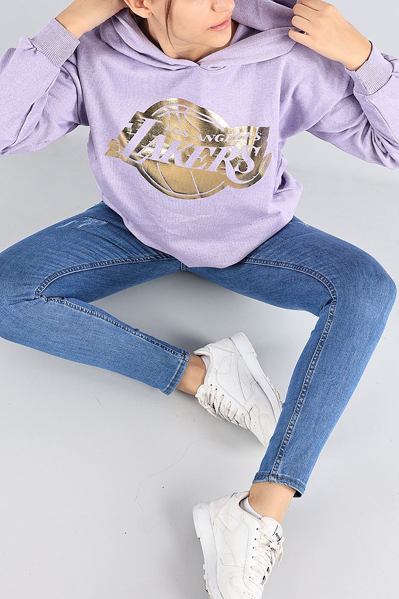Lila Kapüşonlu Şardonlu Bayan Sweat 88356