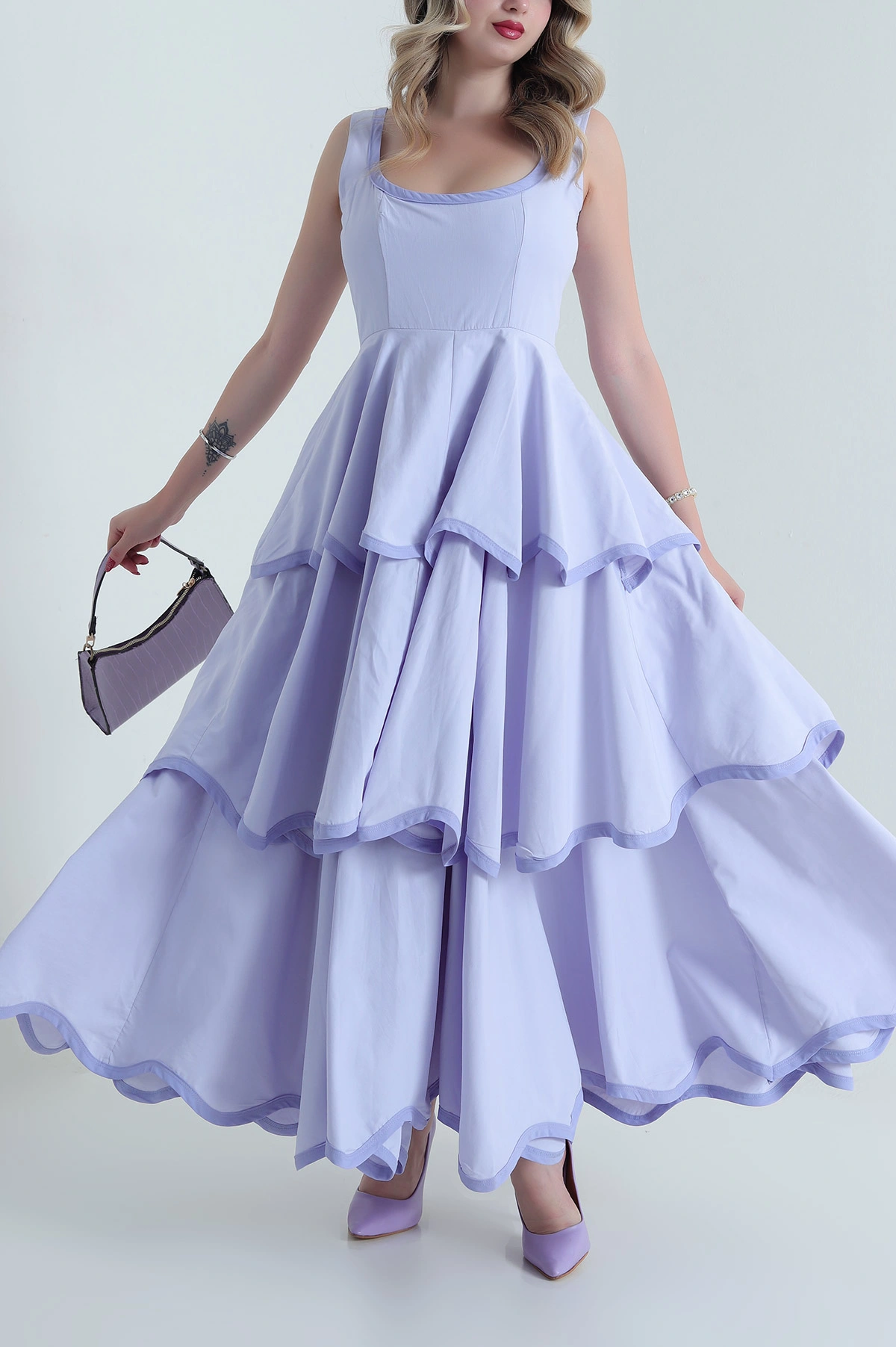Lila Katlı Poplin Kadın Elbise 480637