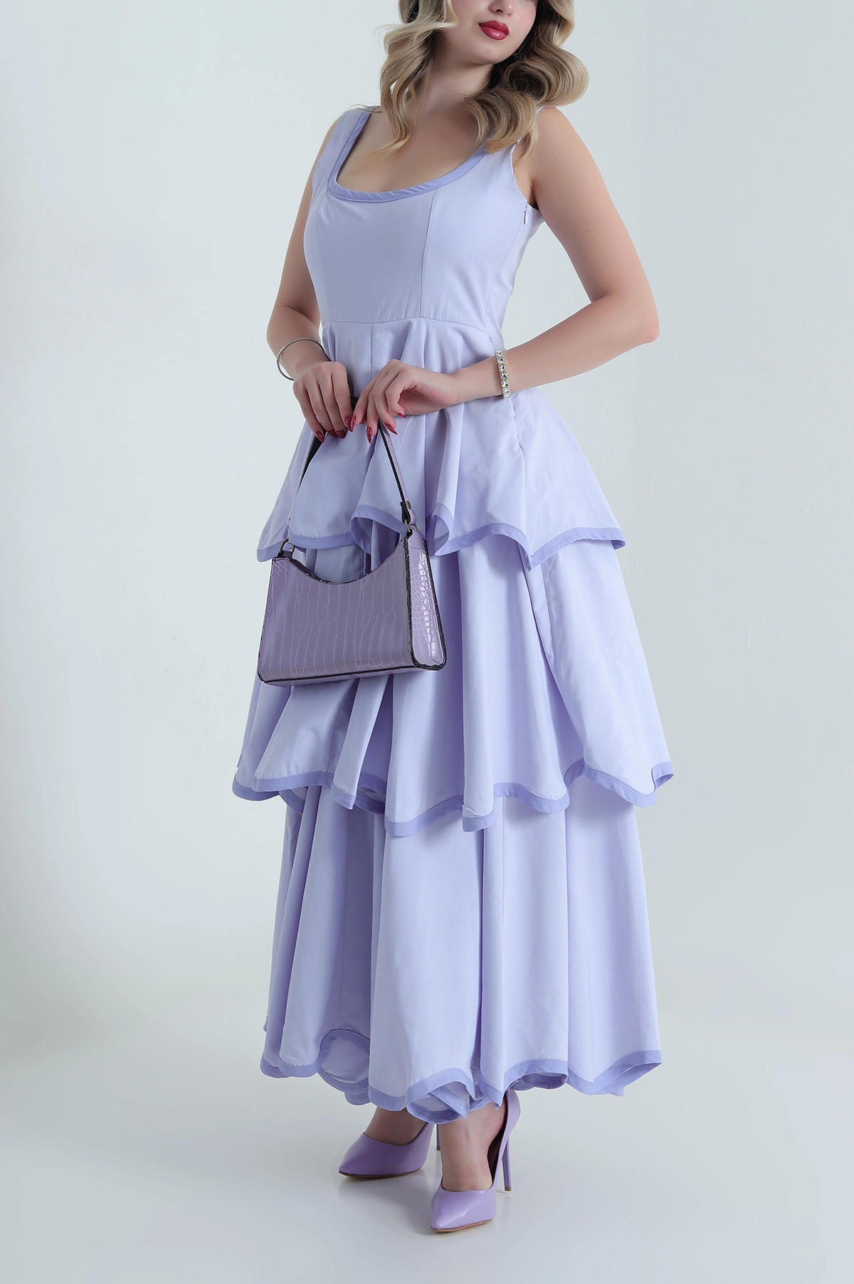 Lila Katlı Poplin Kadın Elbise 480637
