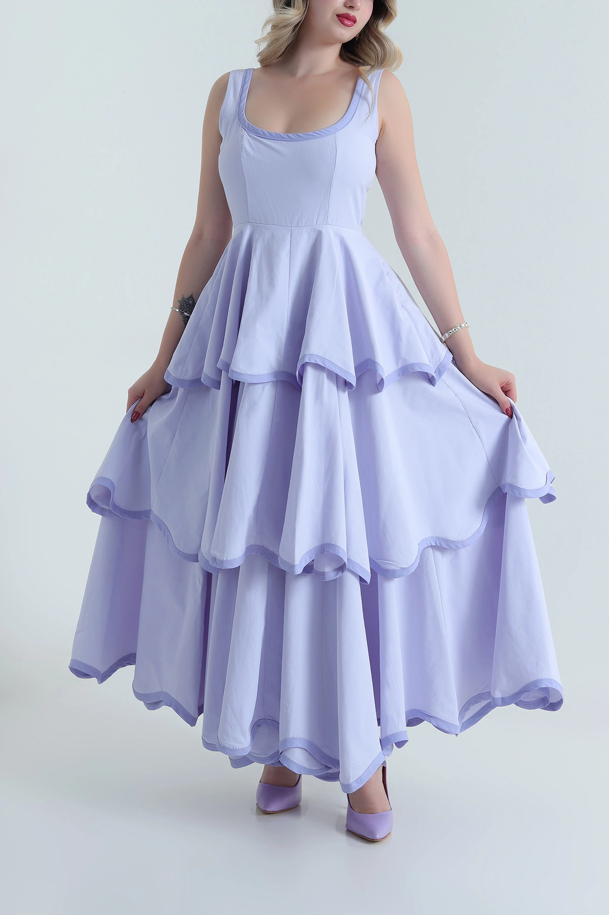 Lila Katlı Poplin Kadın Elbise 480637