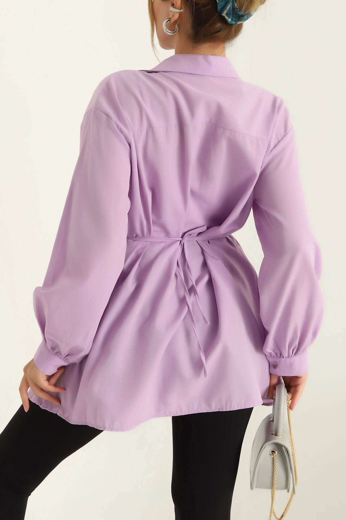 Lila Kuşaklı Terikoton Gömlek Tunik 288656
