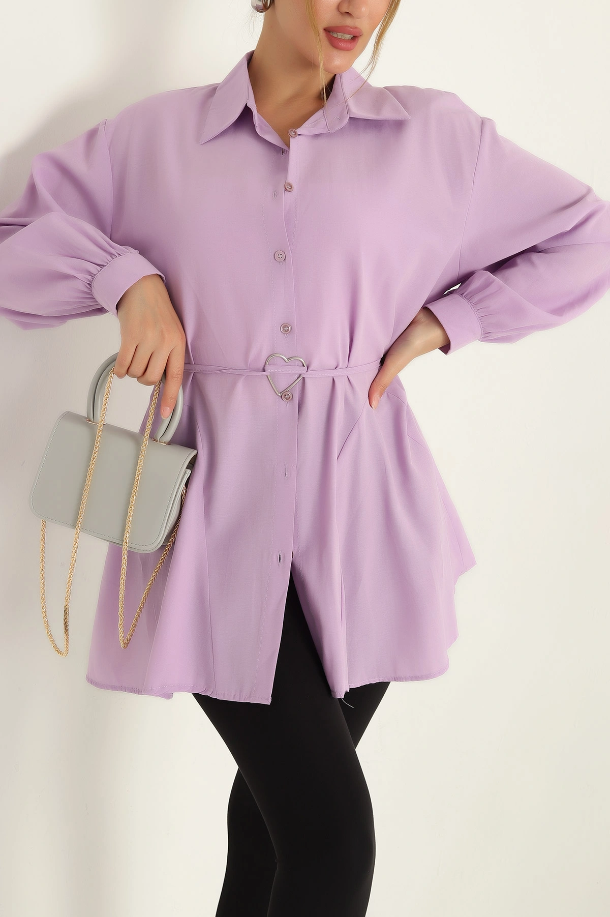 Lila Kuşaklı Terikoton Gömlek Tunik 288656