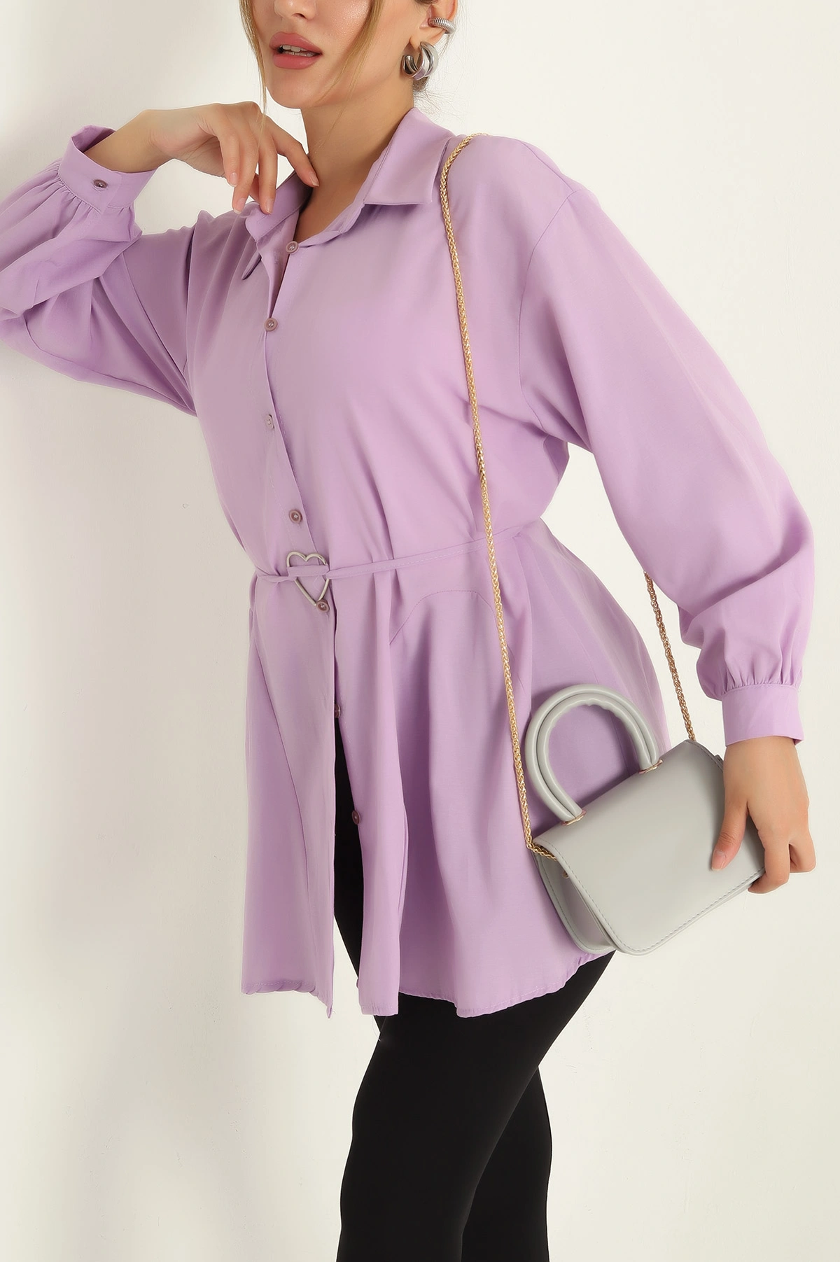 Lila Kuşaklı Terikoton Gömlek Tunik 288656