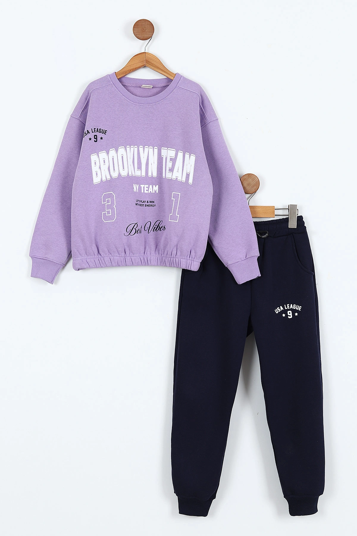 Lila Lacivert (9-12 Yaş) Brooklyn Team Baskılı Belden Lastikli 3 İp Şardonlu Kız Çocuk Kışlık Takım 405088