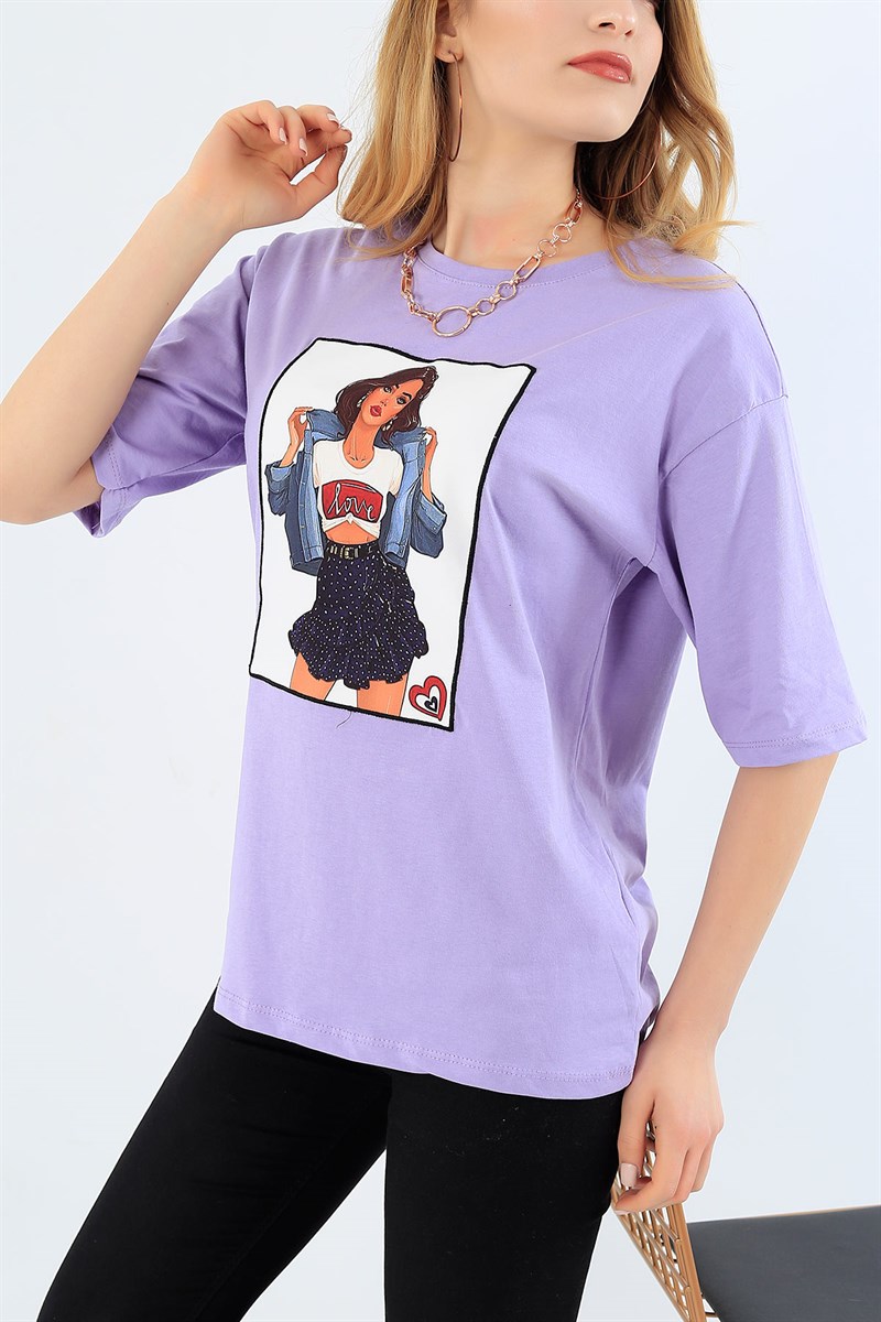 Lila Likralı Bayan Tişört 29355B