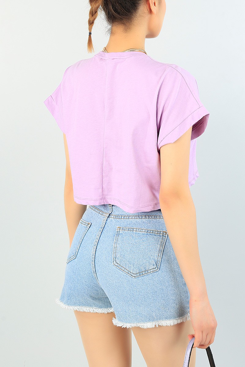 Lila Likralı Crop Bayan Tişört 65292