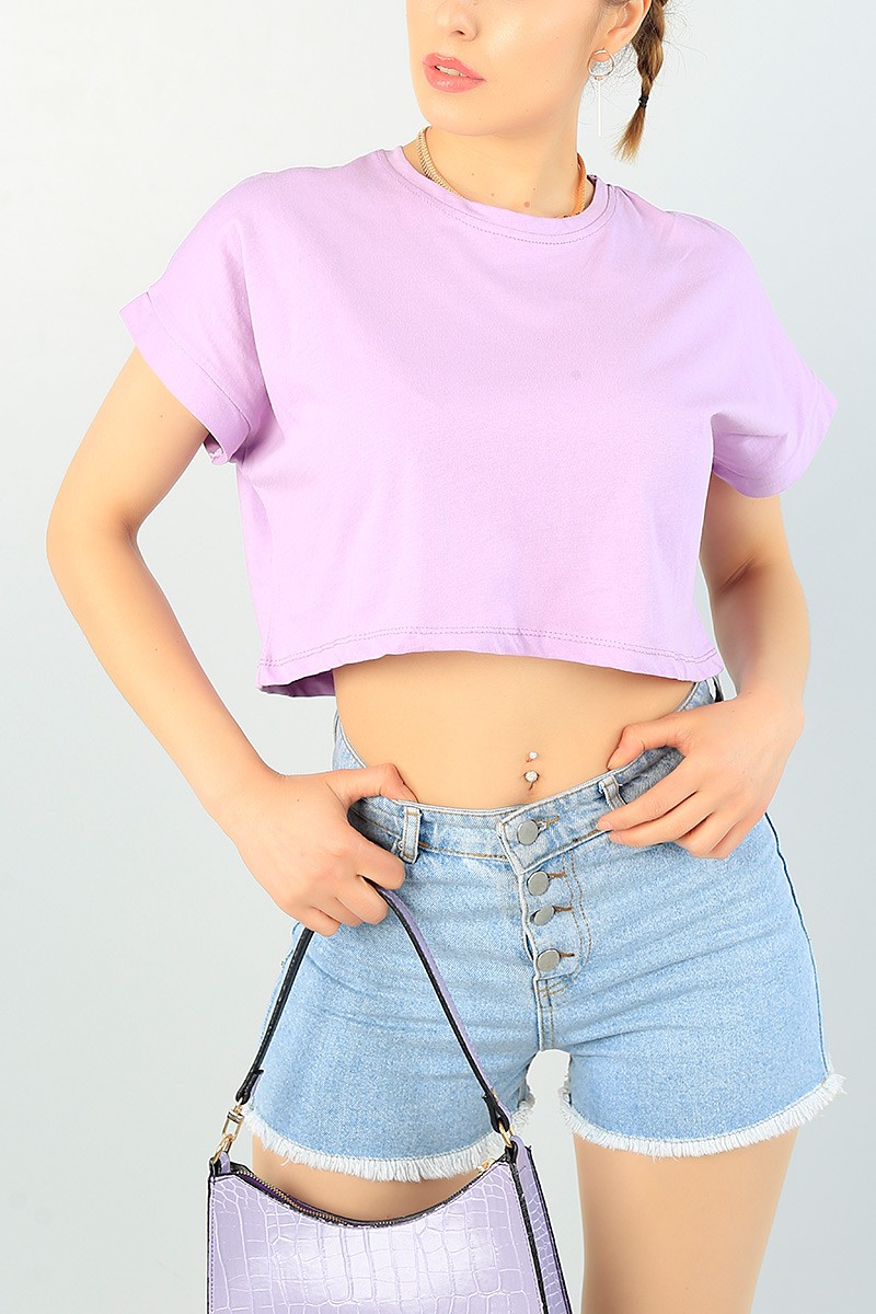 Lila Likralı Crop Bayan Tişört 65292