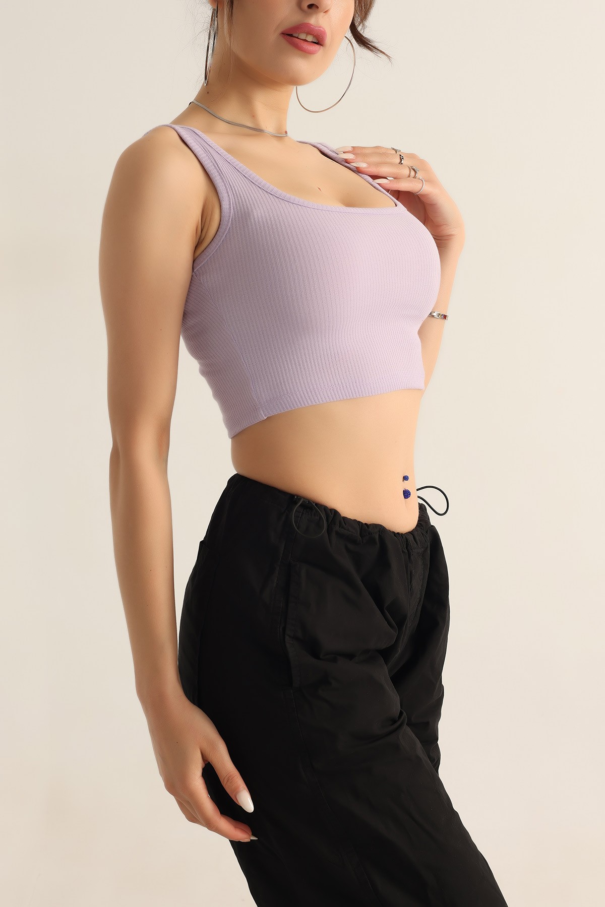 Lila Likralı Fitilli Crop Atlet 182492