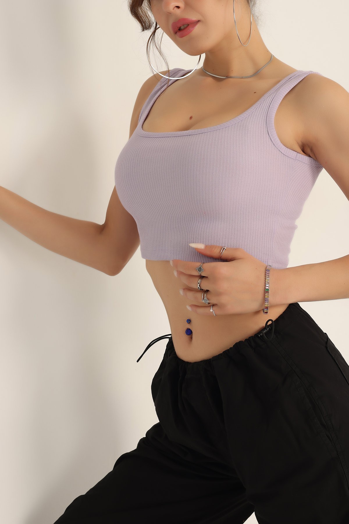 Lila Likralı Fitilli Crop Atlet 182492