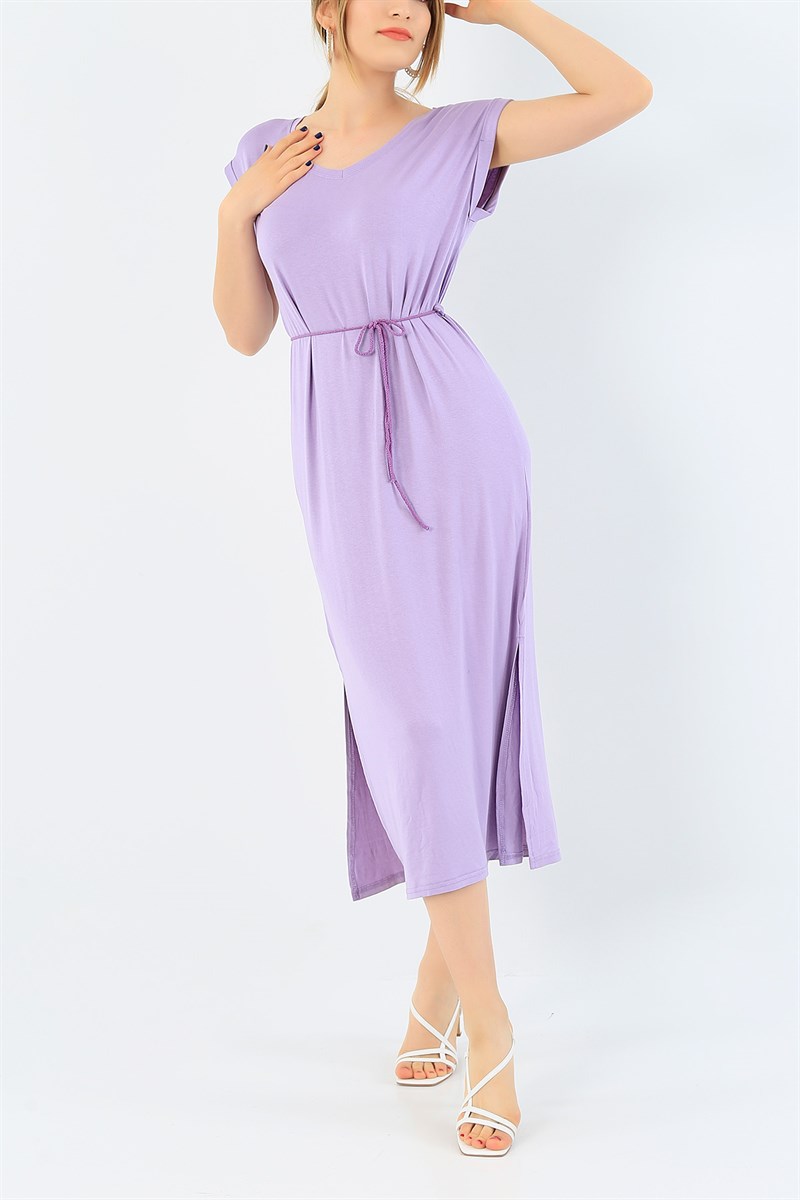 Lila Likralı Yırtmaçlı Elbise 37685
