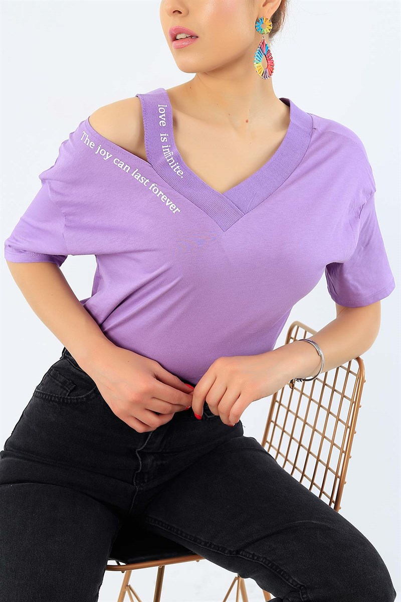 Lila Love Baskı Omuzu Açık Bayan Tişört 32306