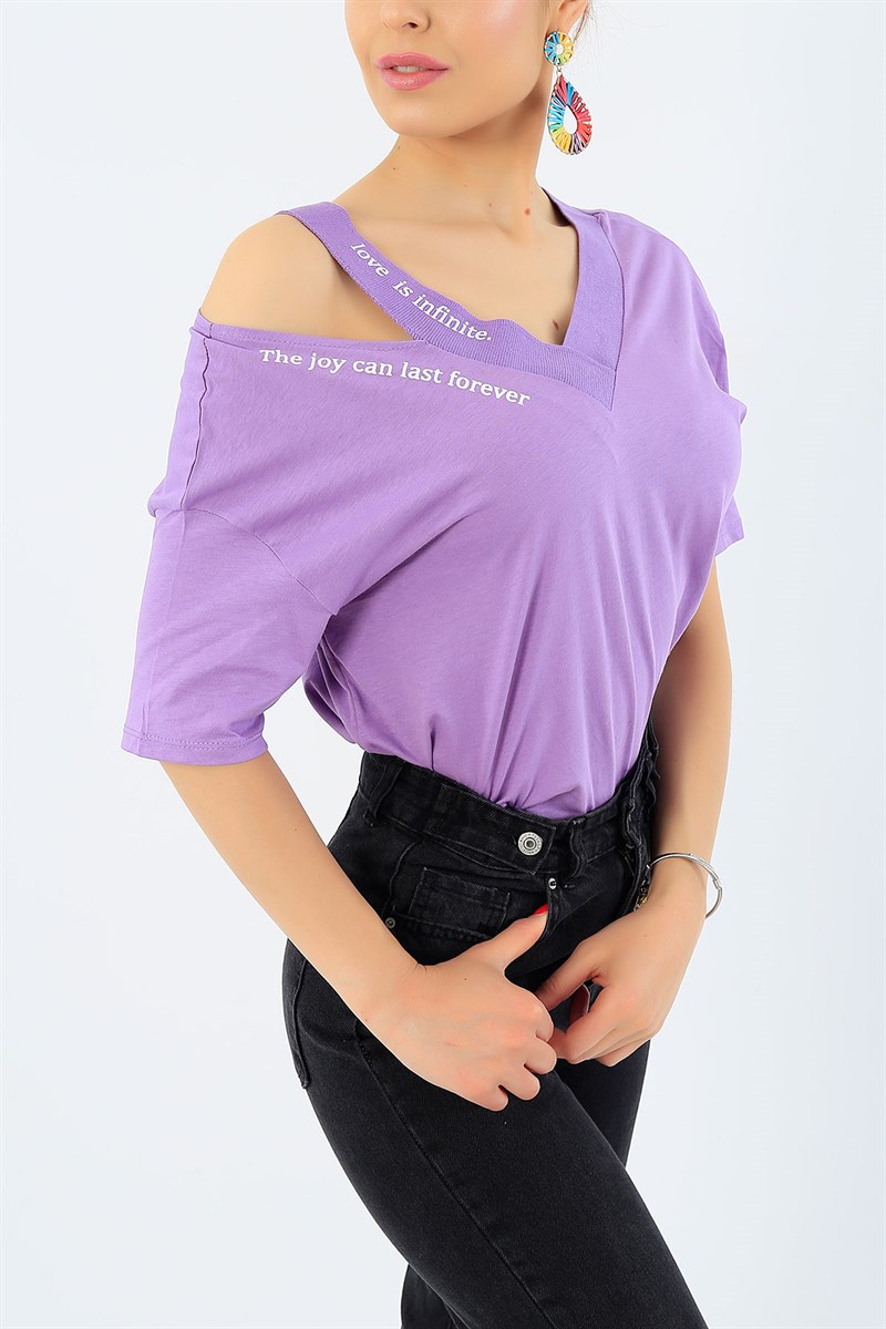 Lila Love Baskı Omuzu Açık Bayan Tişört 32306