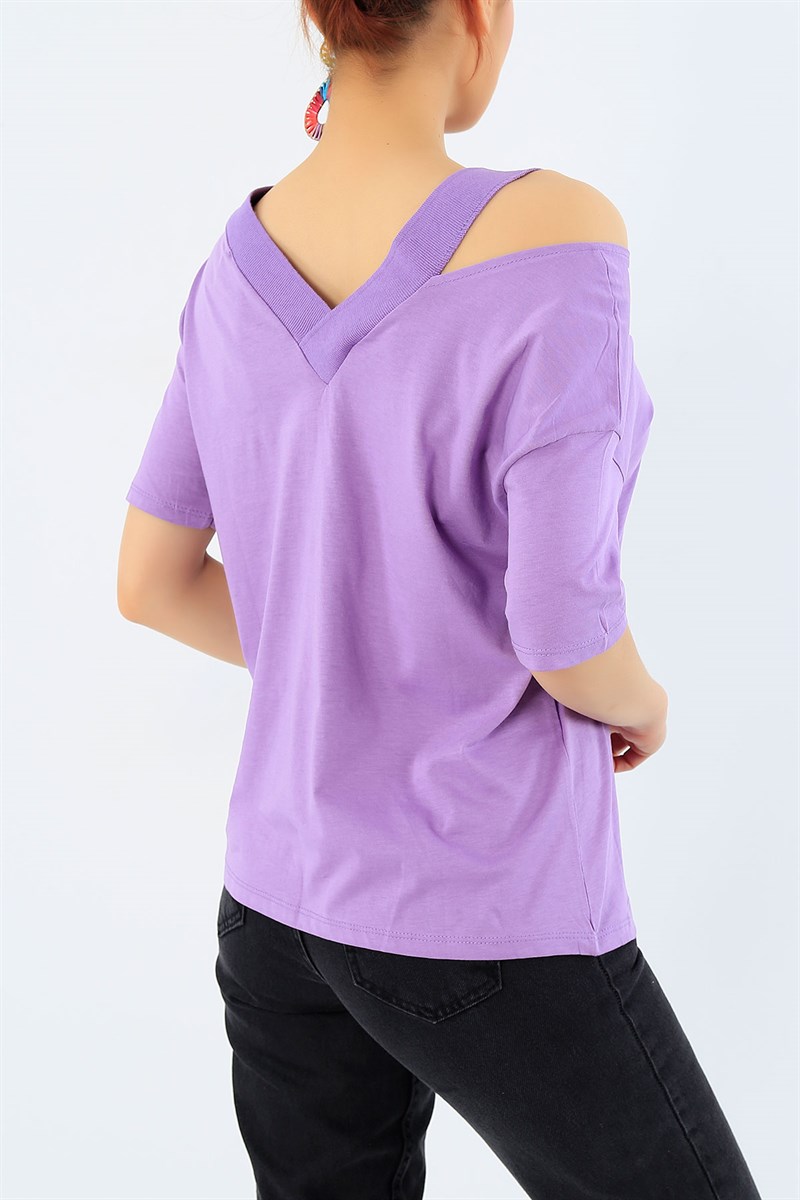 Lila Love Baskı Omuzu Açık Bayan Tişört 32306